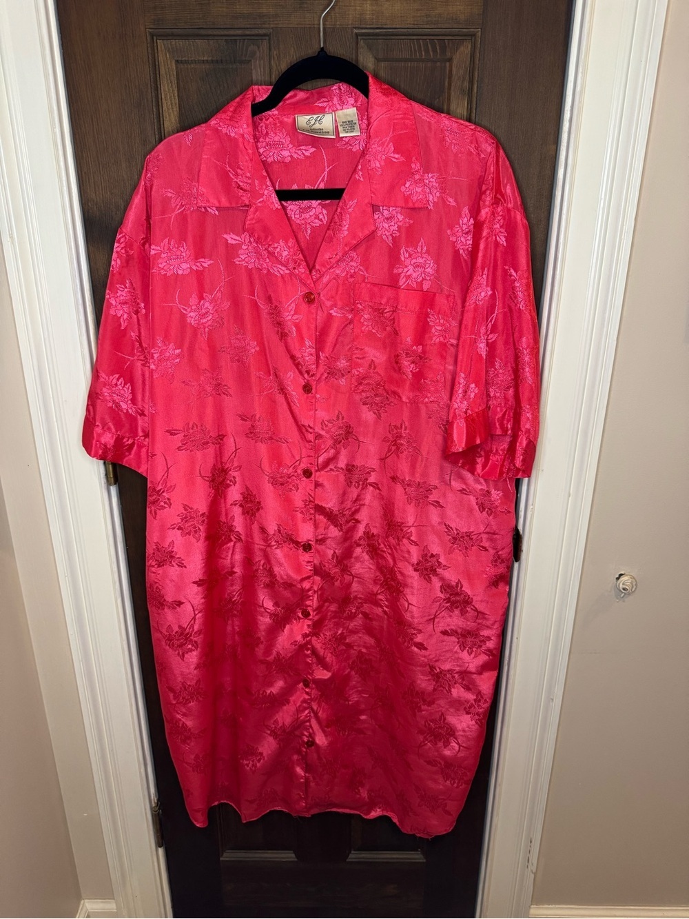 Vtg EJC Intimates Pink Satin Floral Jacquard Nightgown Sleep Shirt Dress OS